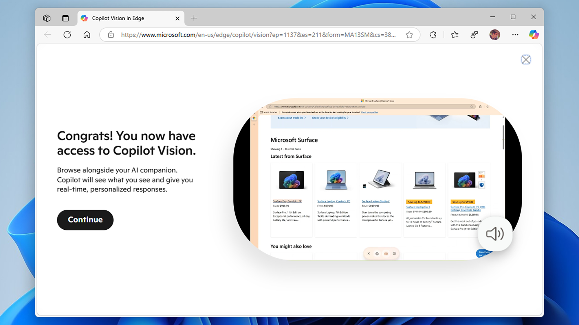 screenshot of copilot vision start screen