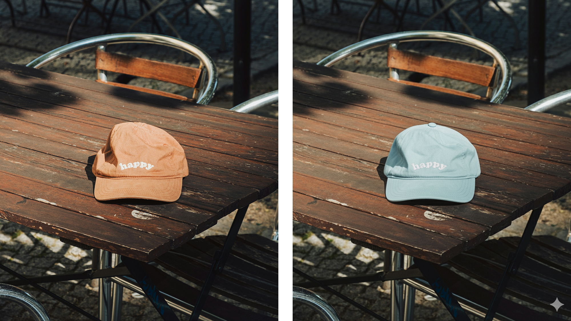 two photos: both of a baseball hat on a table. one hat is orange, other is blue